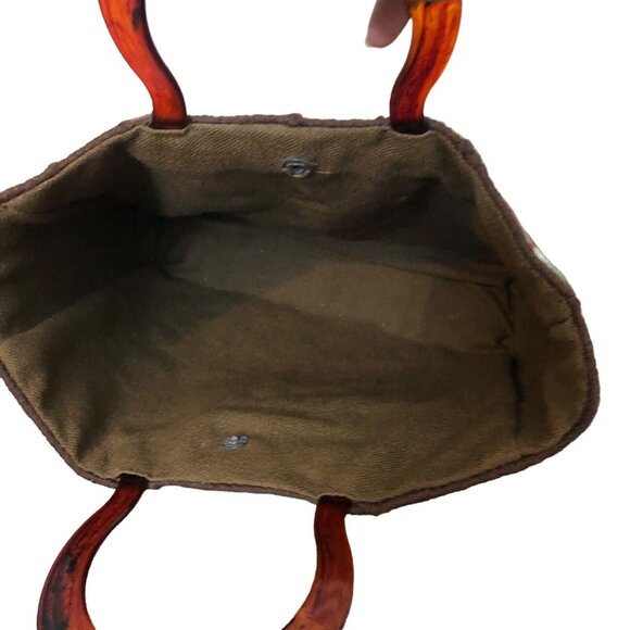 SOLD Vintage 70s Mushroom Floral Needlepoint Knit Square Plastic Handle Hand Bag - Picture 5 of 7